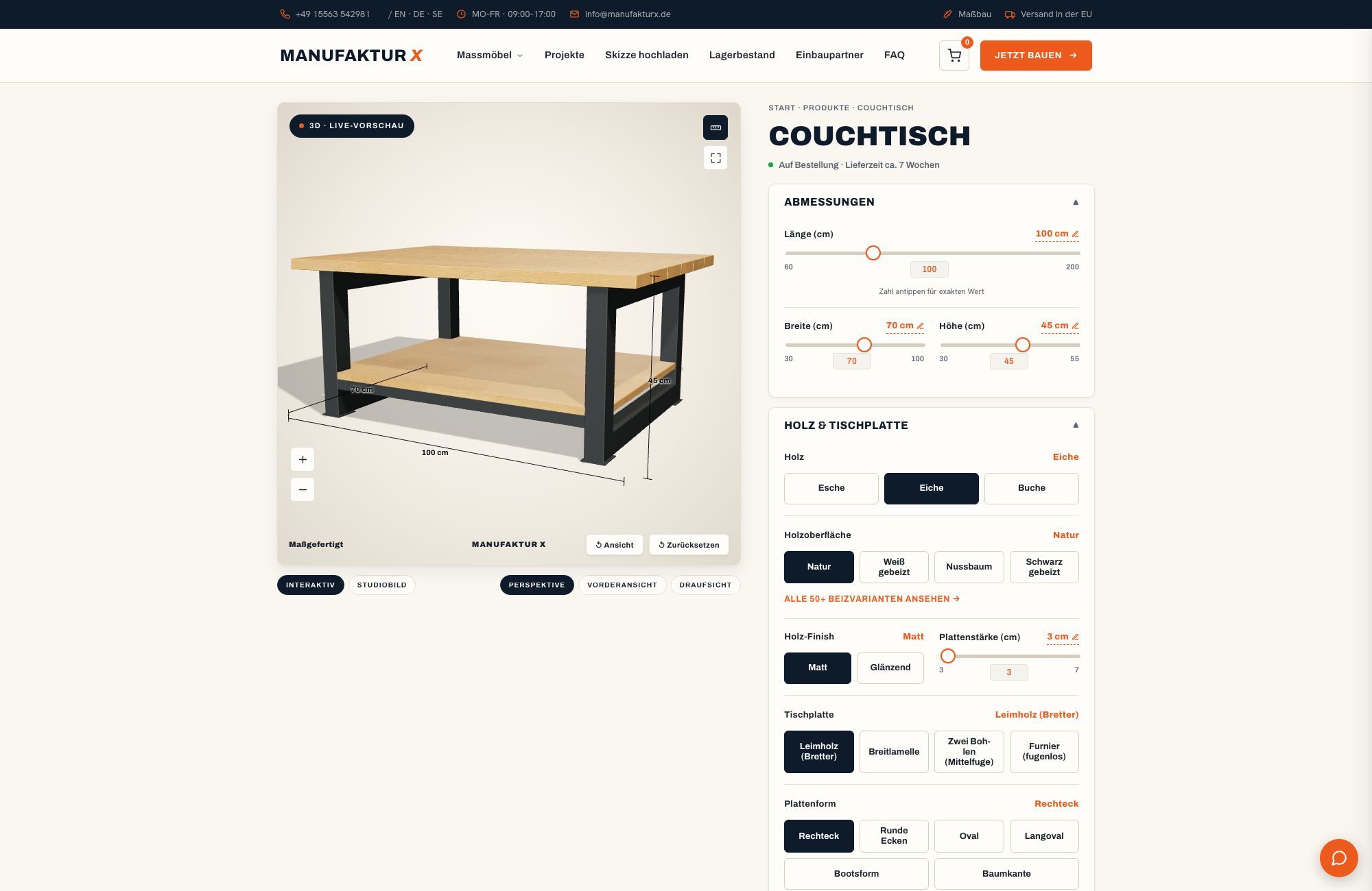 Couchtisch - 3D-konfigurator, Manufaktur X