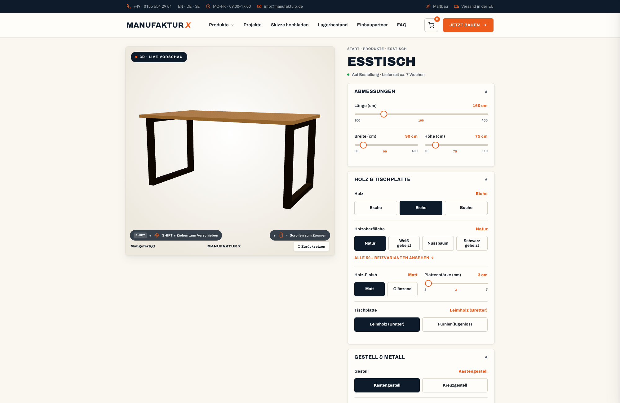 Esstisch - 3D-konfigurator, Manufaktur X