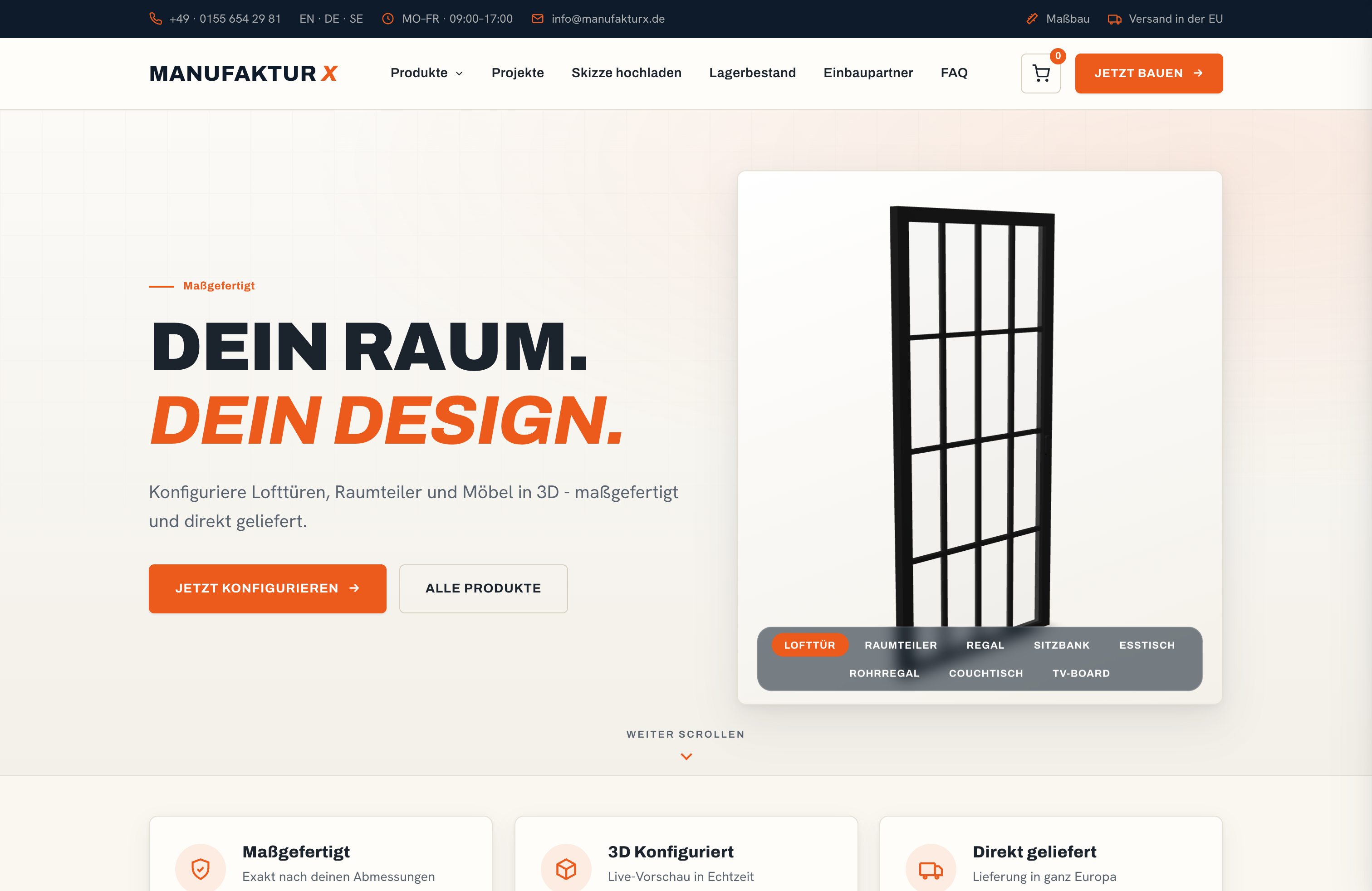 Startseite von Manufaktur X – Konfigurator für massgefertigte Möbel