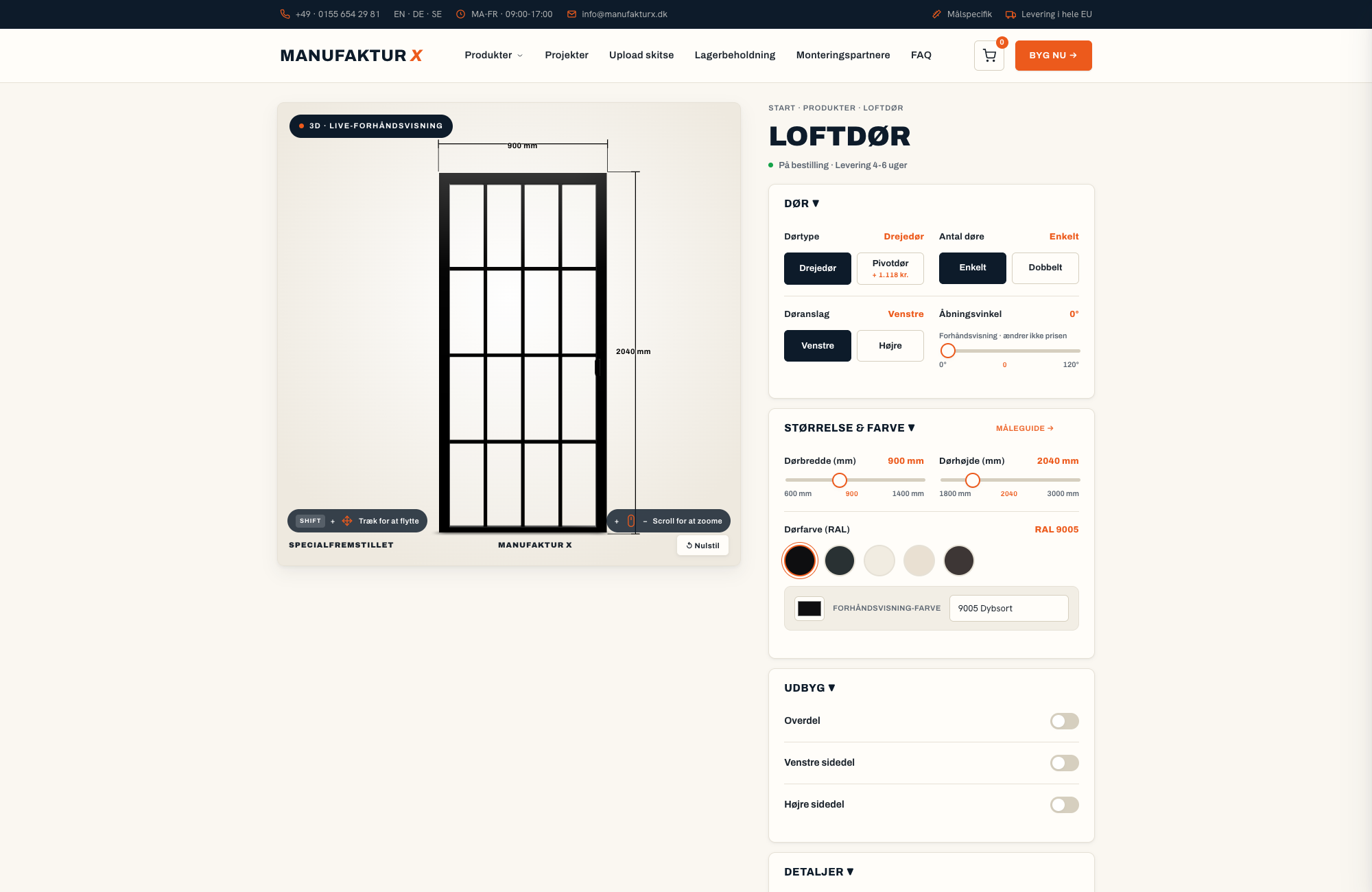 Loftdør - 3D-konfigurator, Manufaktur X