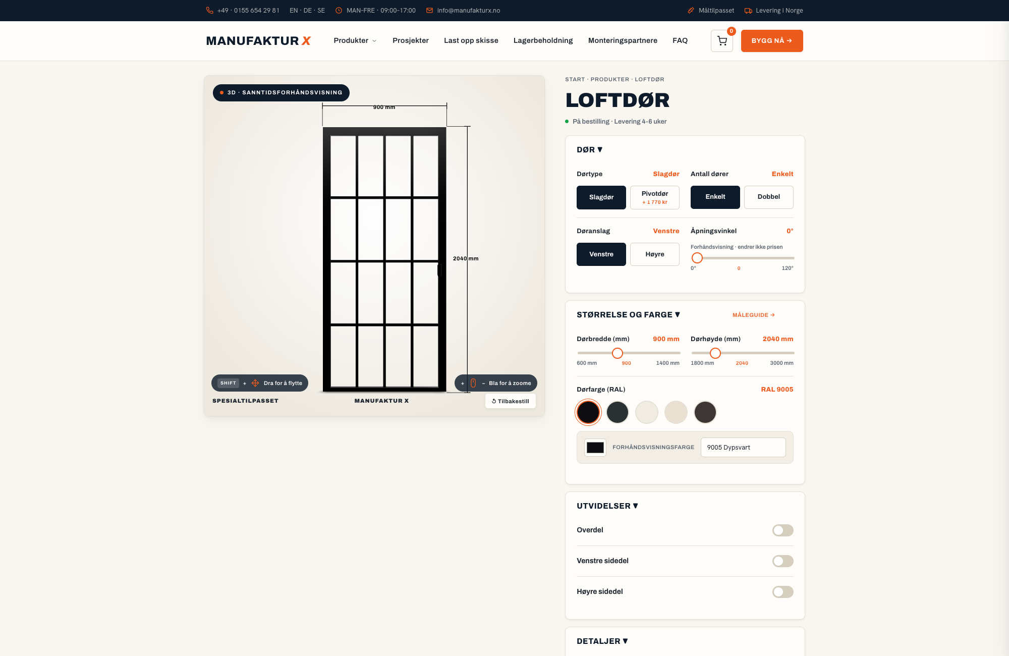 Loftdør - 3D-konfigurator, Manufaktur X