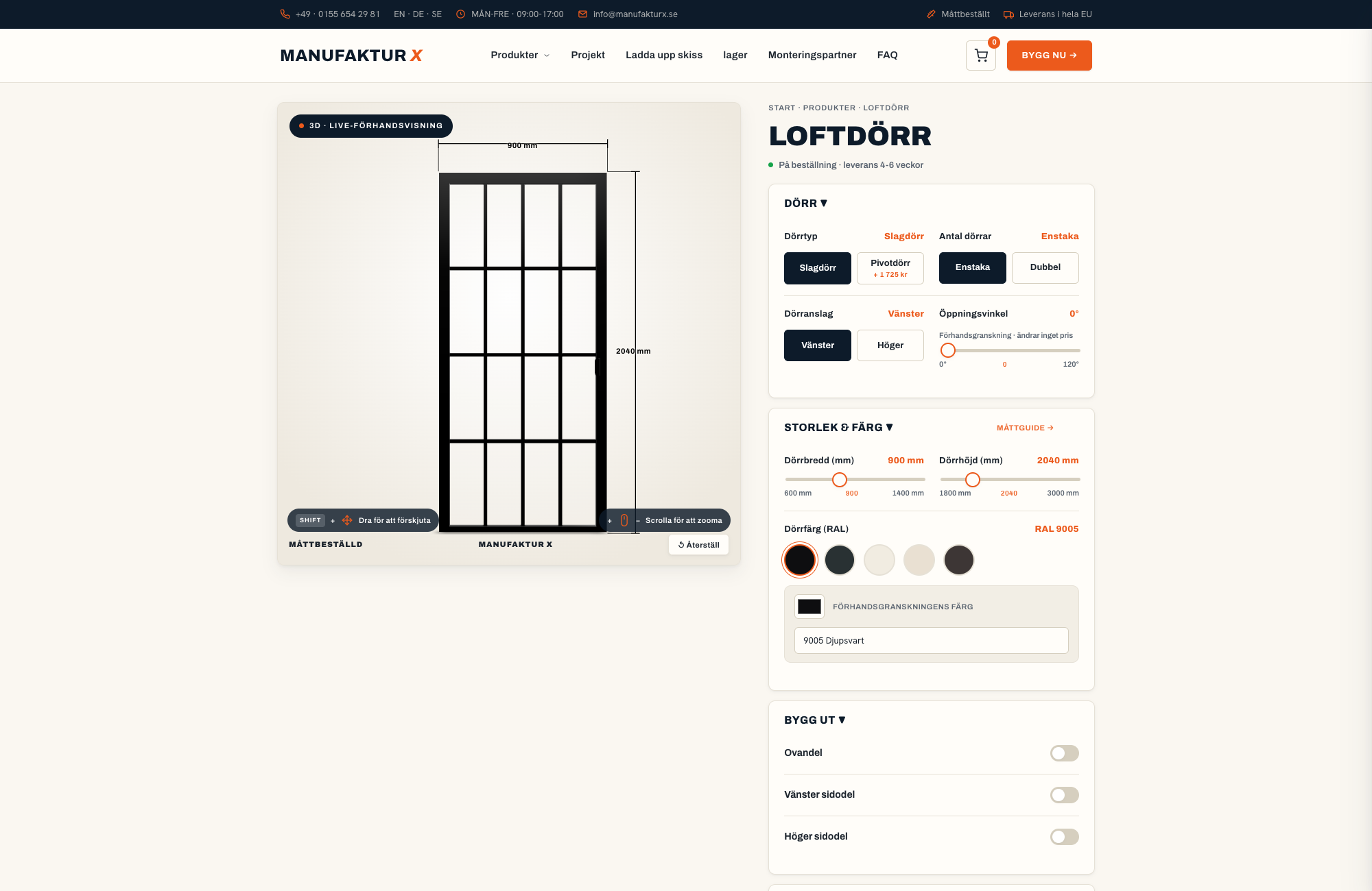 Loftdörr - 3D-konfigurator, Manufaktur X