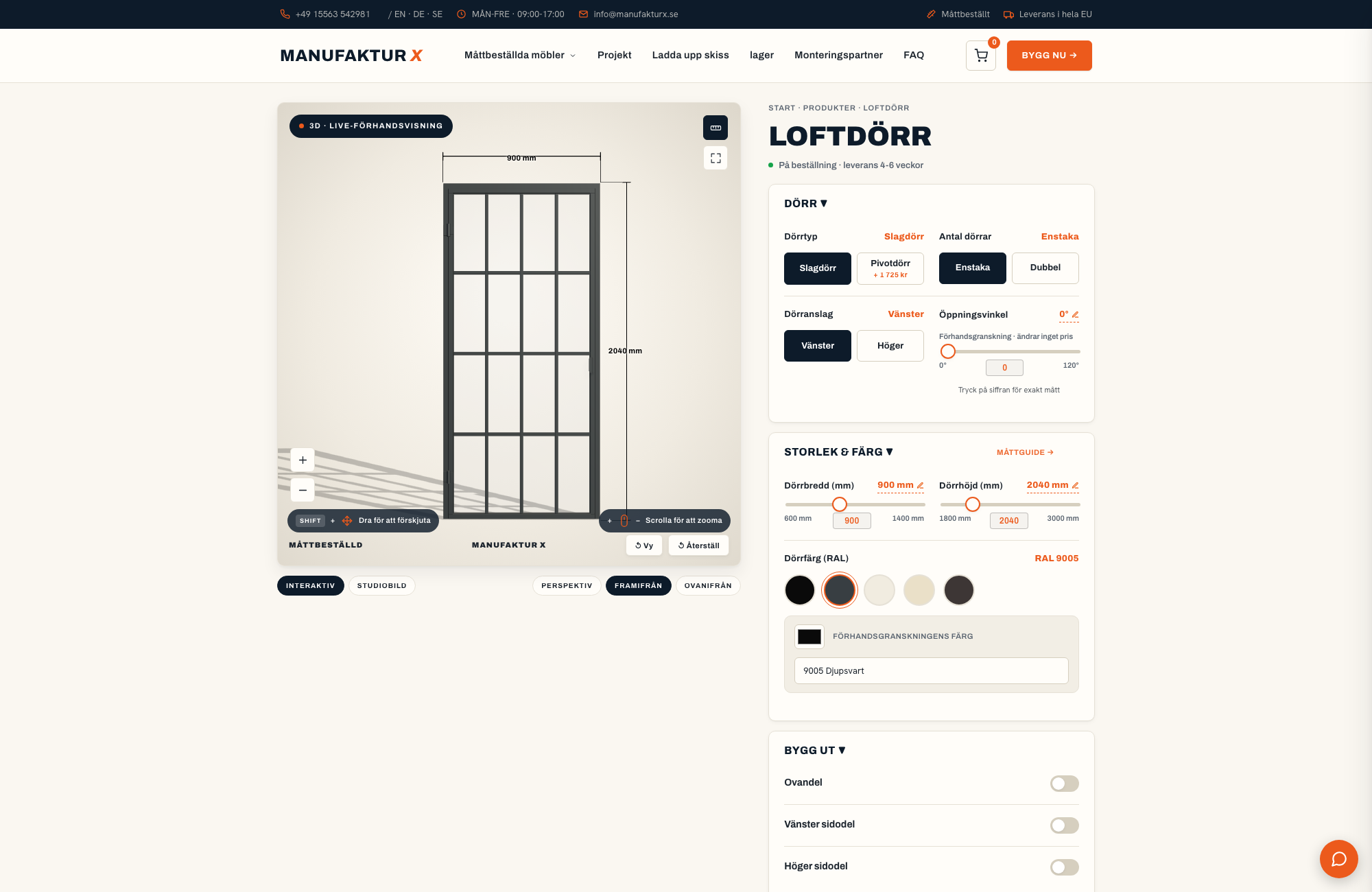 Loftdörr - 3D-konfigurator, Manufaktur X