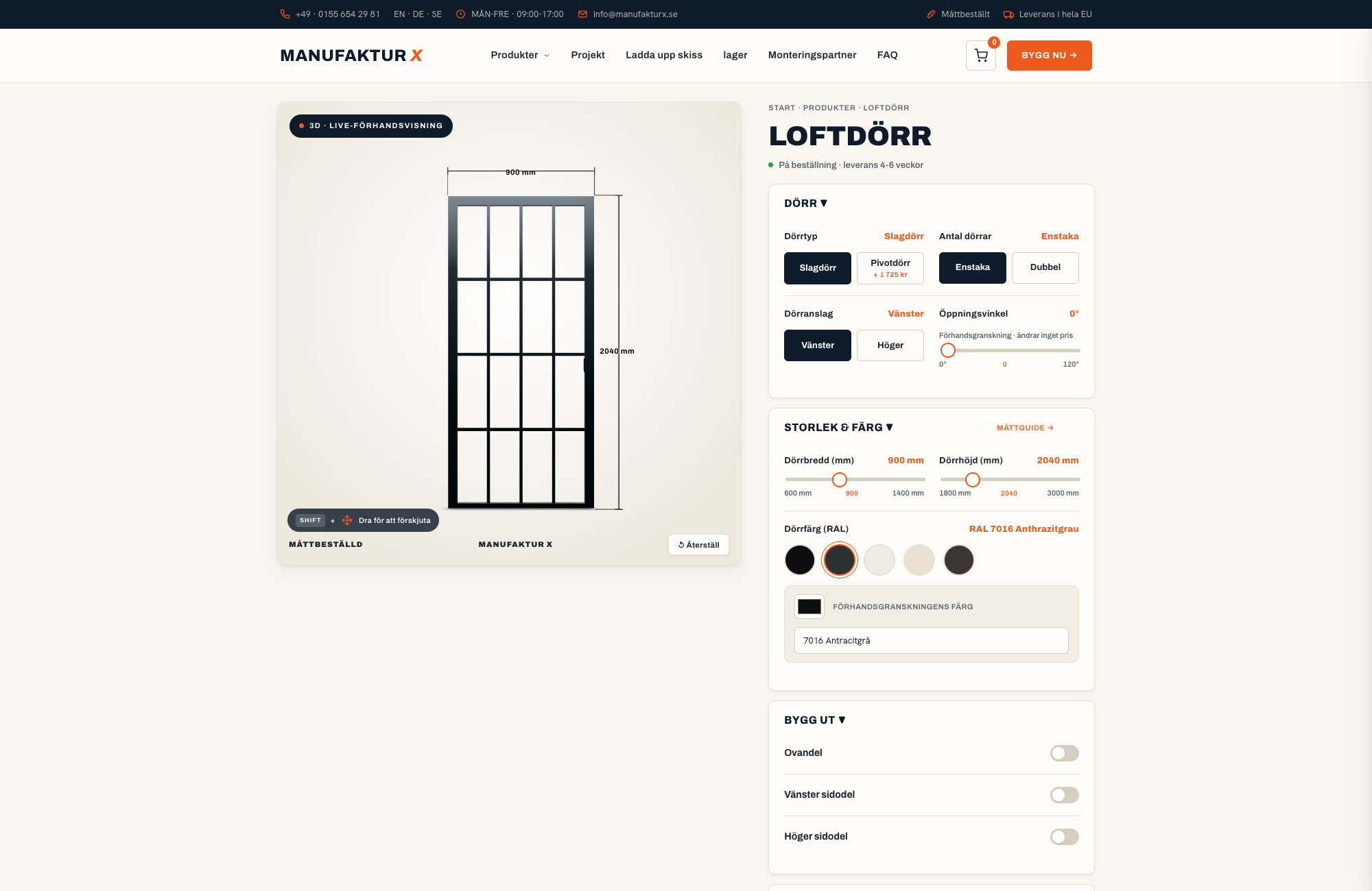 Loftdörr - 3D-konfigurator, Manufaktur X