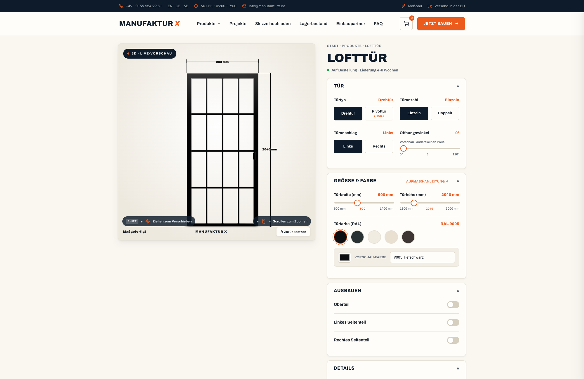 Lofttür - 3D-konfigurator, Manufaktur X