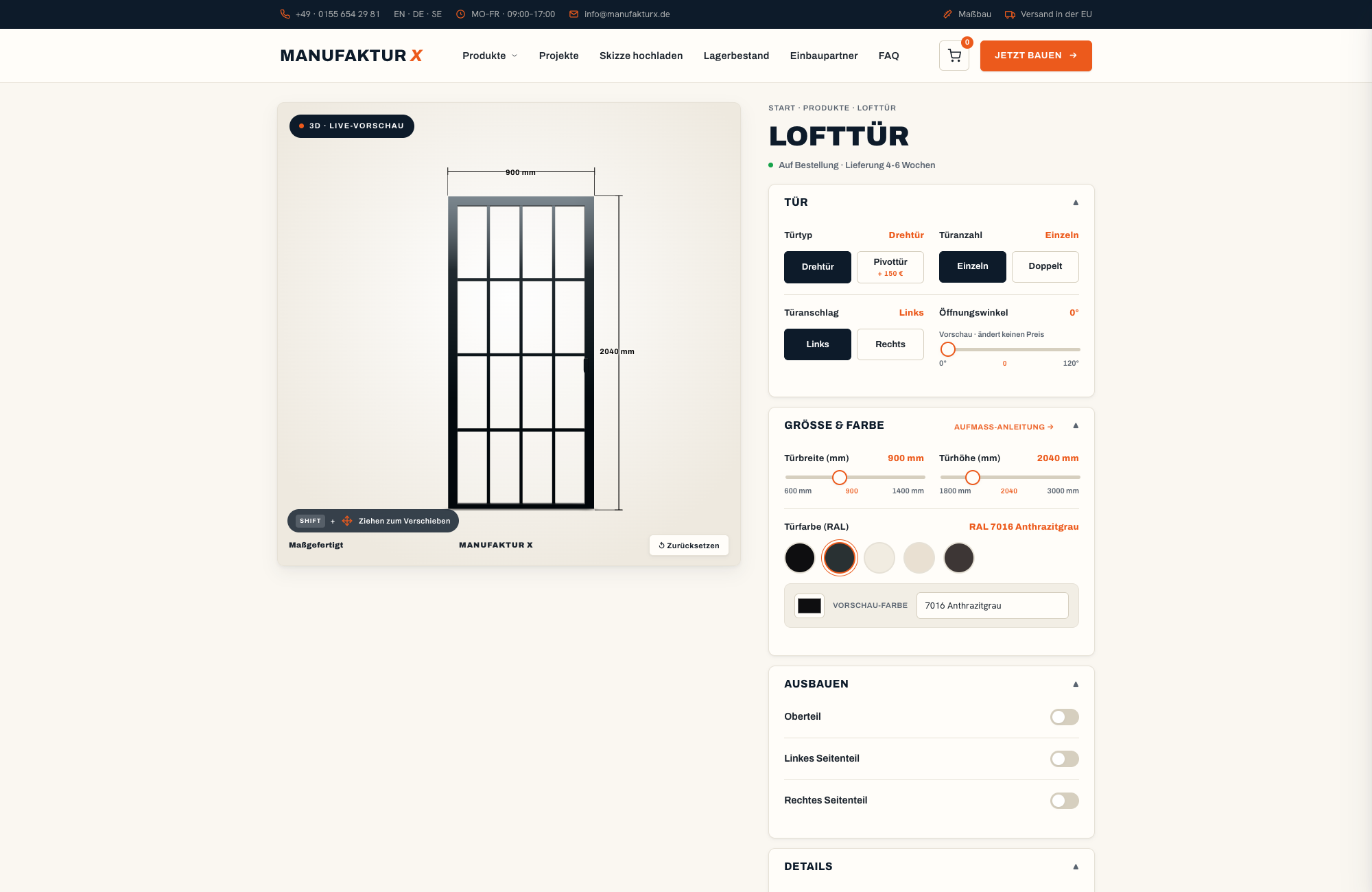Lofttür - 3D-konfigurator, Manufaktur X