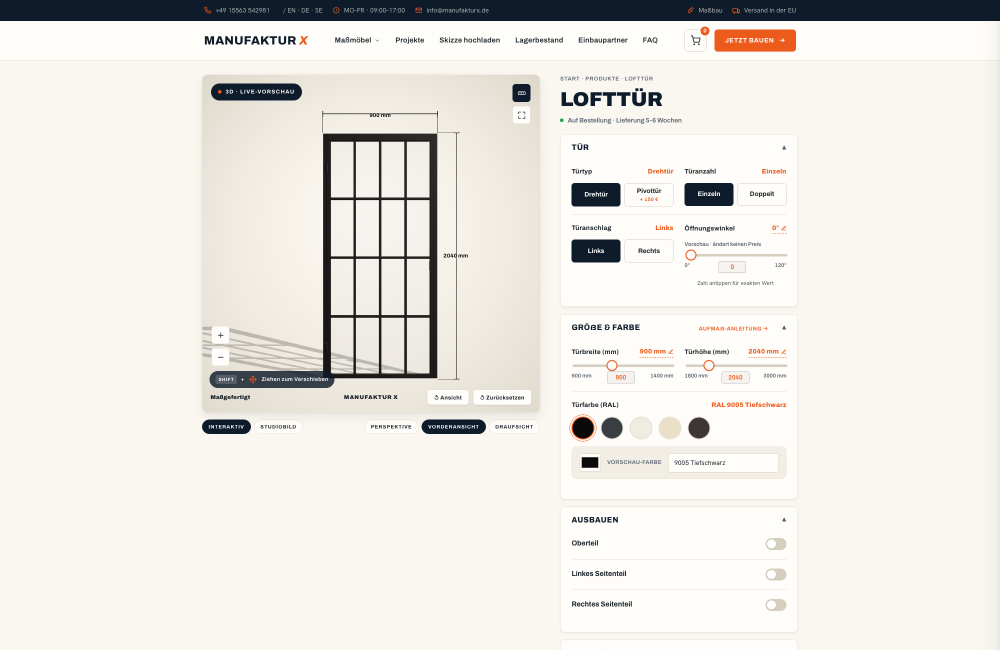 Lofttür - 3D-konfigurator, Manufaktur X