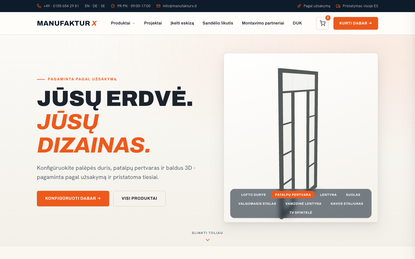 Manufaktur X - pagal užsakymą pagaminti plieno ir stiklo baldai 3D konfigūratoriuje