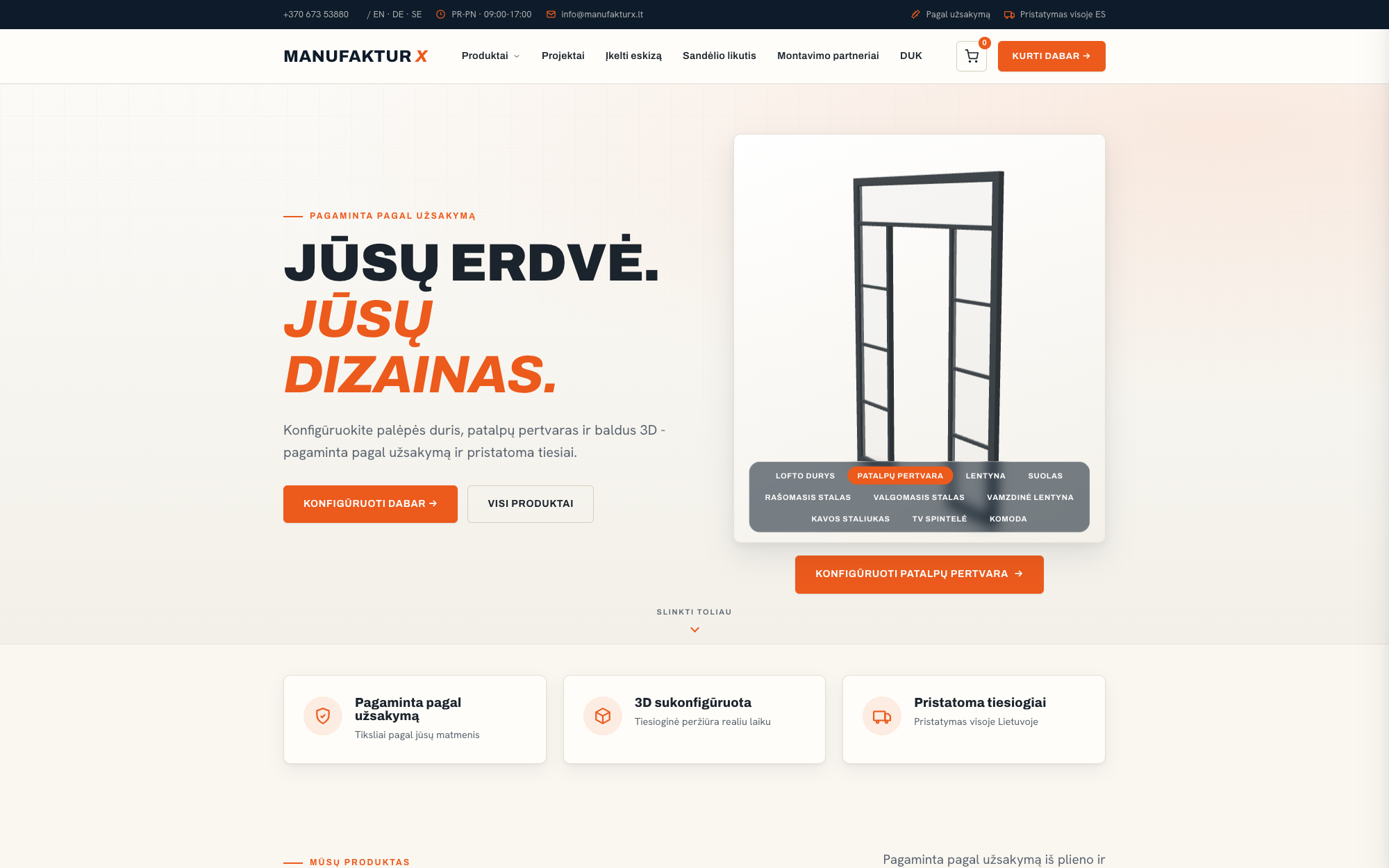 Manufaktur X - pagal užsakymą pagaminti baldai iš plieno, stiklo ir masyvo medienos 3D konfigūratoriuje