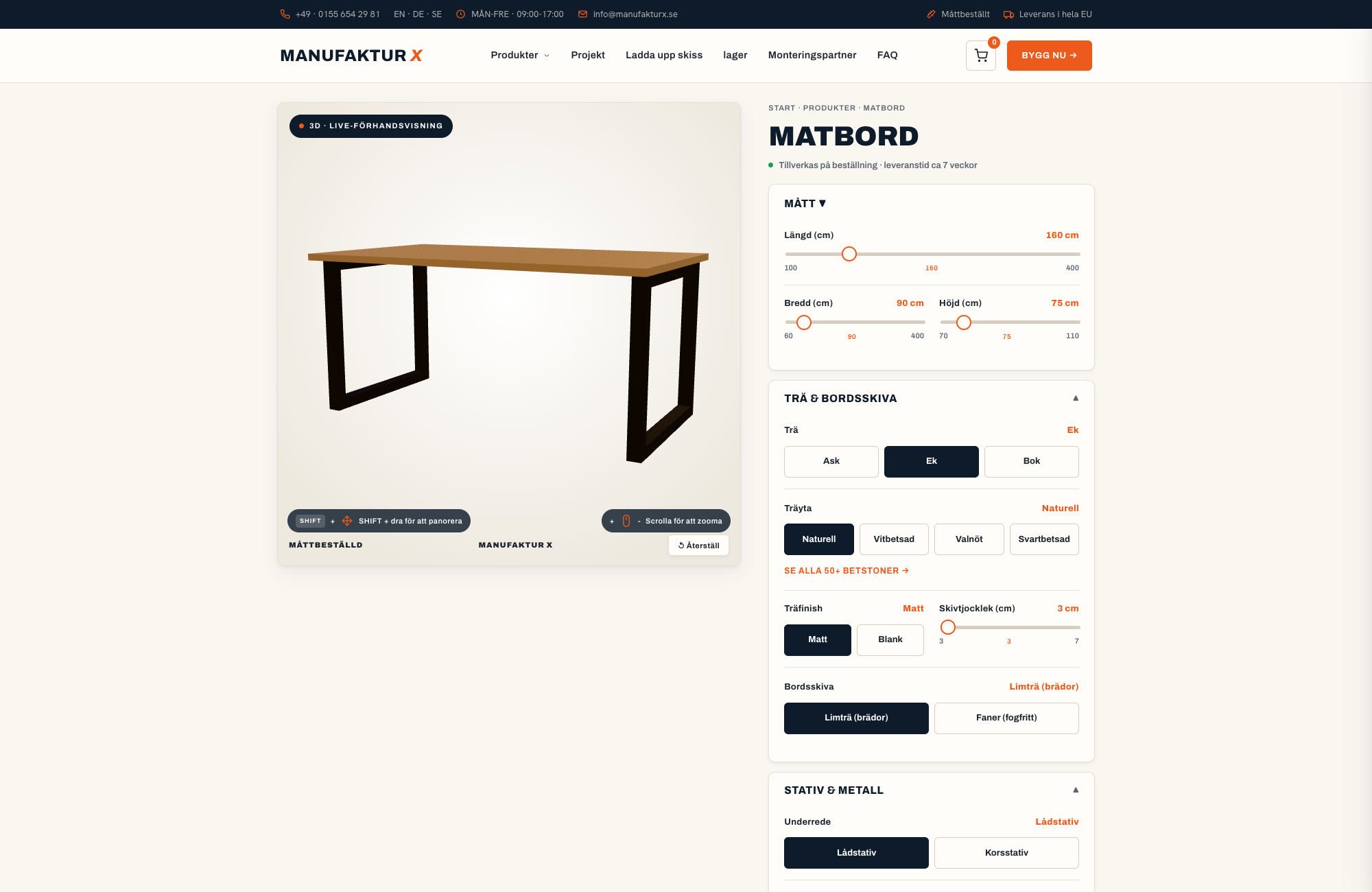 Matbord - 3D-konfigurator, Manufaktur X