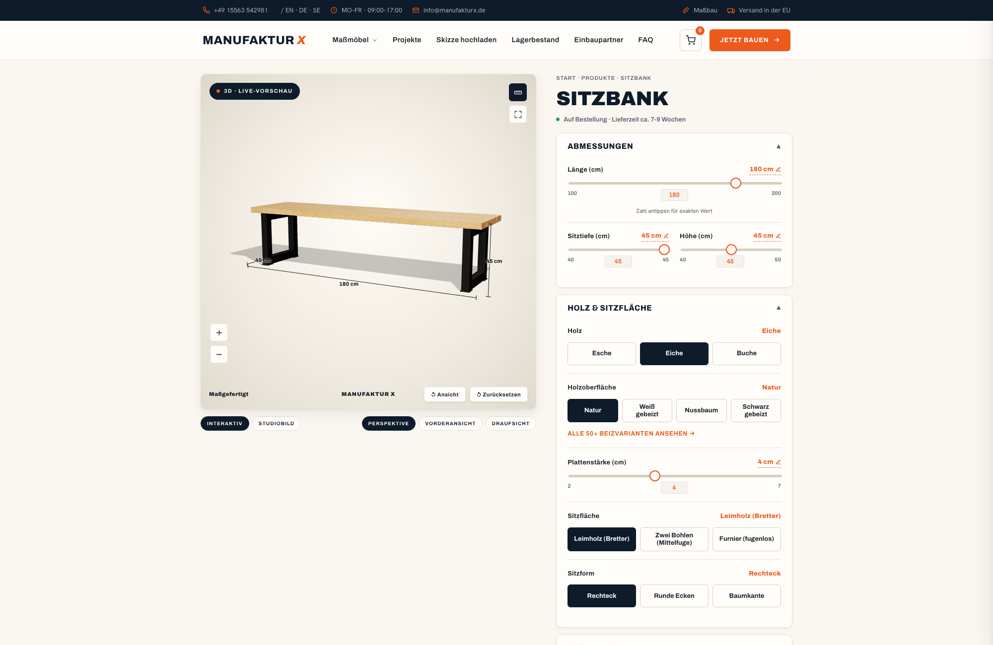 Sitzbank - 3D-konfigurator, Manufaktur X