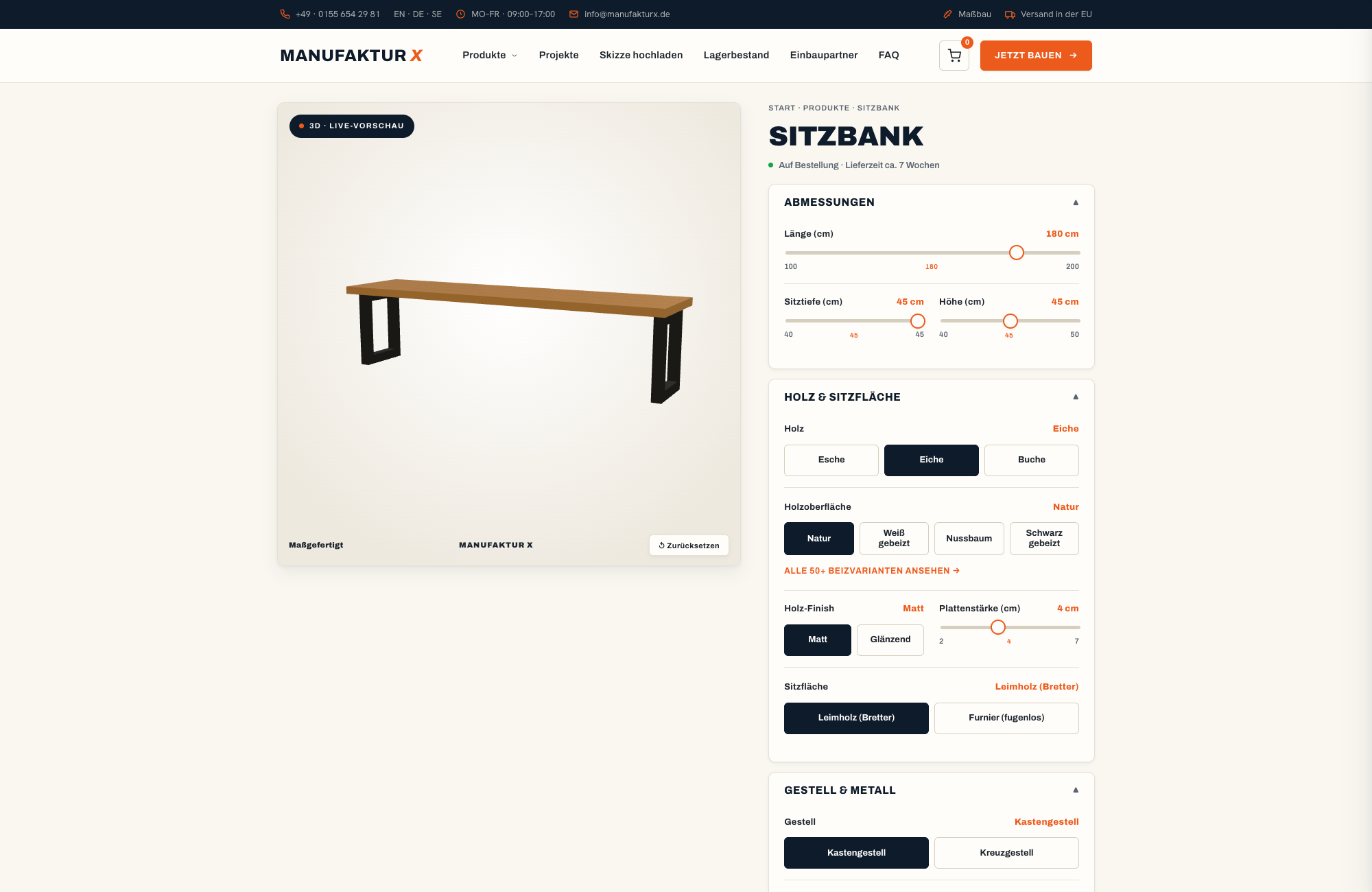 Sitzbank - 3D-konfigurator, Manufaktur X
