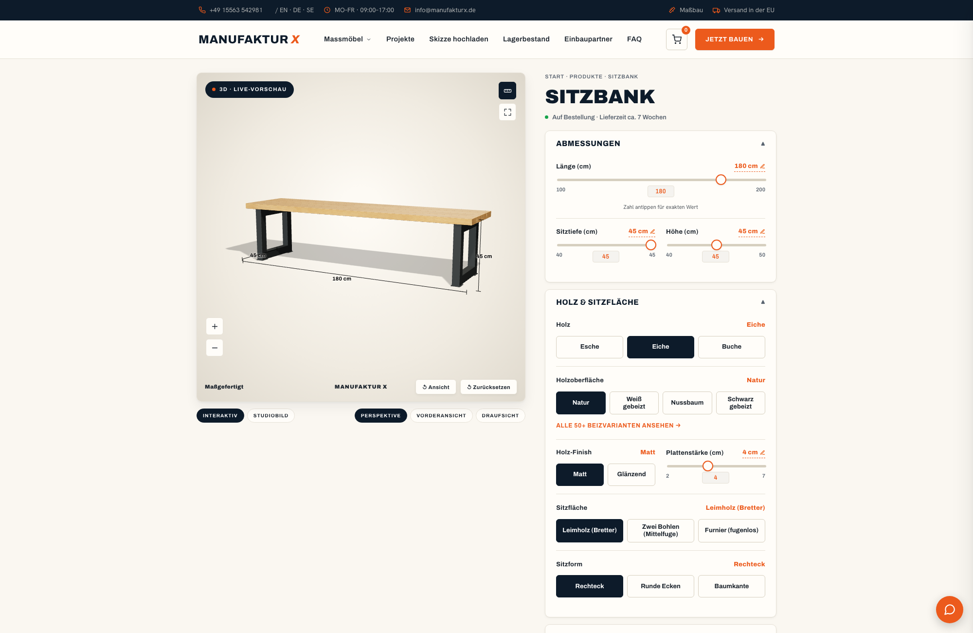 Sitzbank - 3D-konfigurator, Manufaktur X