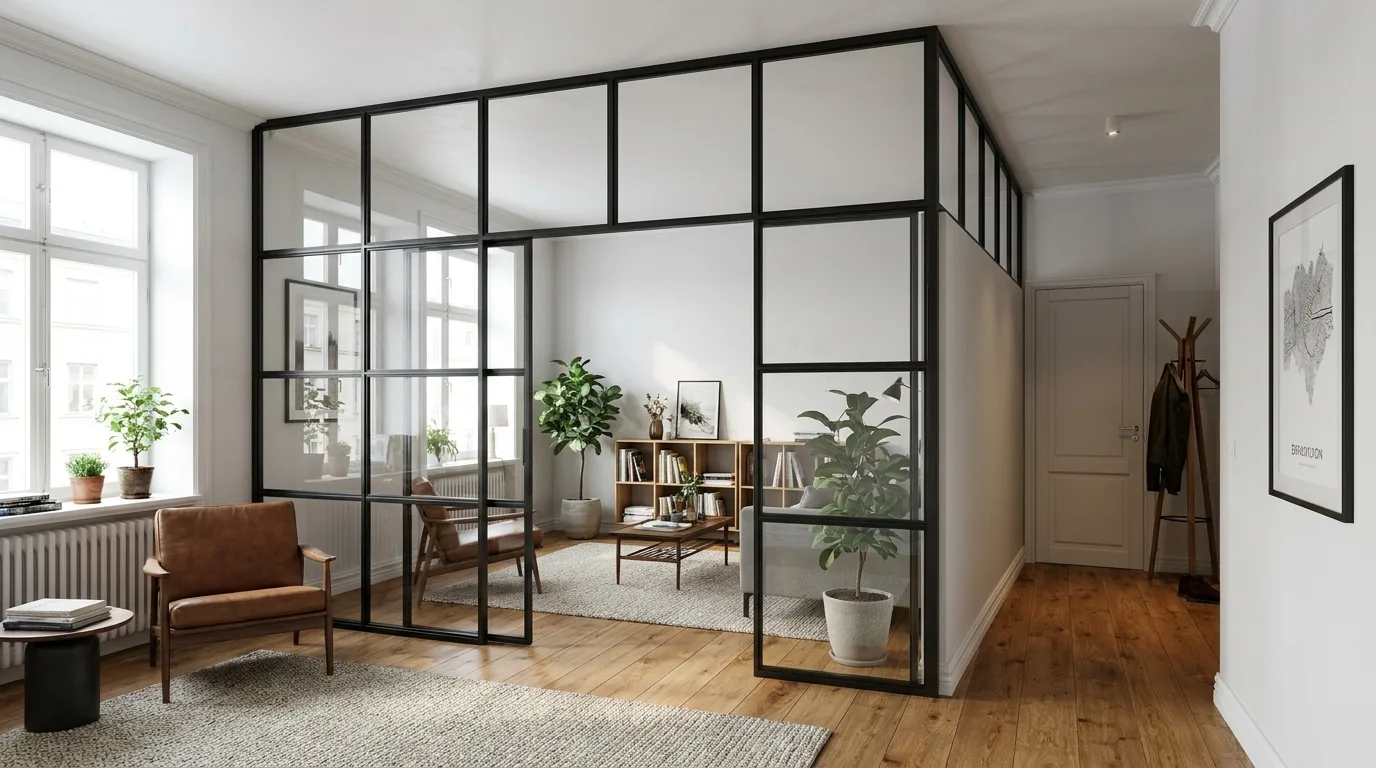 Eine raumhohe Stahl-Glas-Trennwand mit schwarzem Stahlrahmen unterteilt einen hellen Wohnraum in zwei Bereiche. Die Konstruktion besteht aus mehreren Glasfeldern in zwei Reihen und erstreckt sich über die gesamte Raumbreite. Es sind keine Griffe, Scharniere oder Türblätter erkennbar - die Wand ist vollständig fest. Im Hintergrund sind Sessel, Pflanzen und ein Regal sichtbar.