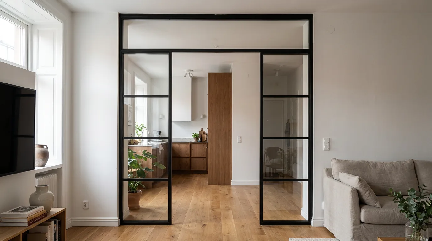 Eine schwarze Stahl-Glas-Trennwand mit mehreren Glasfeldern trennt den Wohnbereich von der Küche. Die Konstruktion verfügt über eine breite Durchgangsöffnung in der Mitte ohne Türblatt, Griff oder Scharniere. Der schwarze Stahlrahmen mit Sprossenstruktur reicht bis zur Decke und umfasst ein Oberlicht. Der Boden ist mit hellem Eichenparkett ausgelegt, im Hintergrund ist eine moderne Holzküche sichtbar.