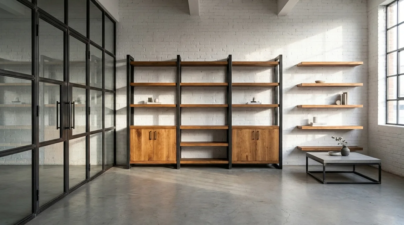 Ein großes offenes Regal aus schwarzem Stahlrahmen mit Massivholzböden dominiert die Bildmitte. Im unteren Bereich sind zwei Holzschränke mit Türen integriert. Links im Bild ist eine Stahl-Glas-Tür mit sichtbarem Griff zu erkennen, rechts hängen freischwebende Wandregale aus Massivholz. Der Raum hat weiß gestrichene Ziegelwände und einen Betonboden.