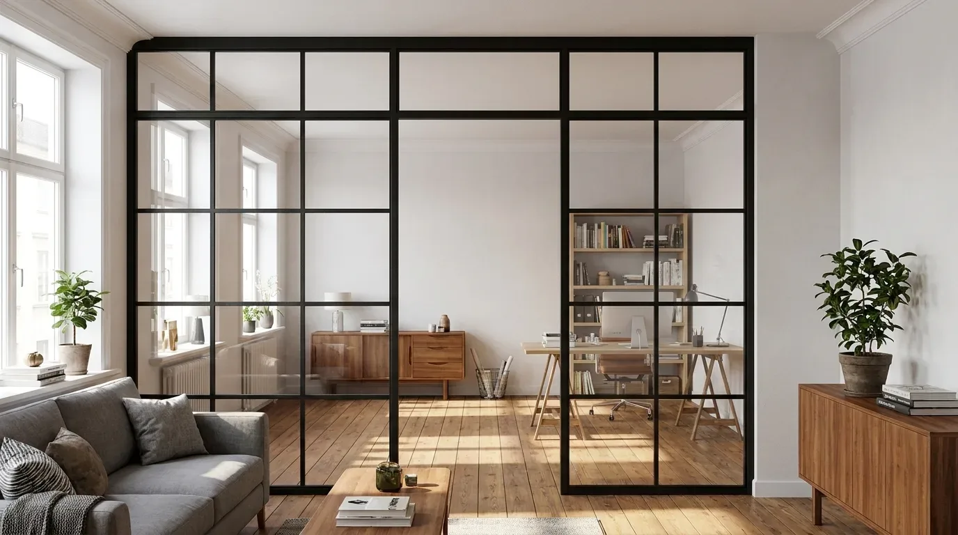 Cloison acier-verre sol-plafond separant salon et bureau a domicile