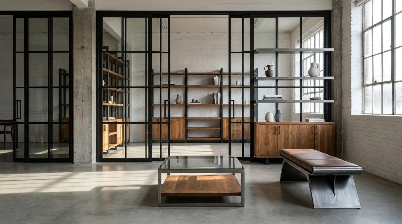 Loft industriel avec grande cloison acier-verre et étagère en bois massif visible