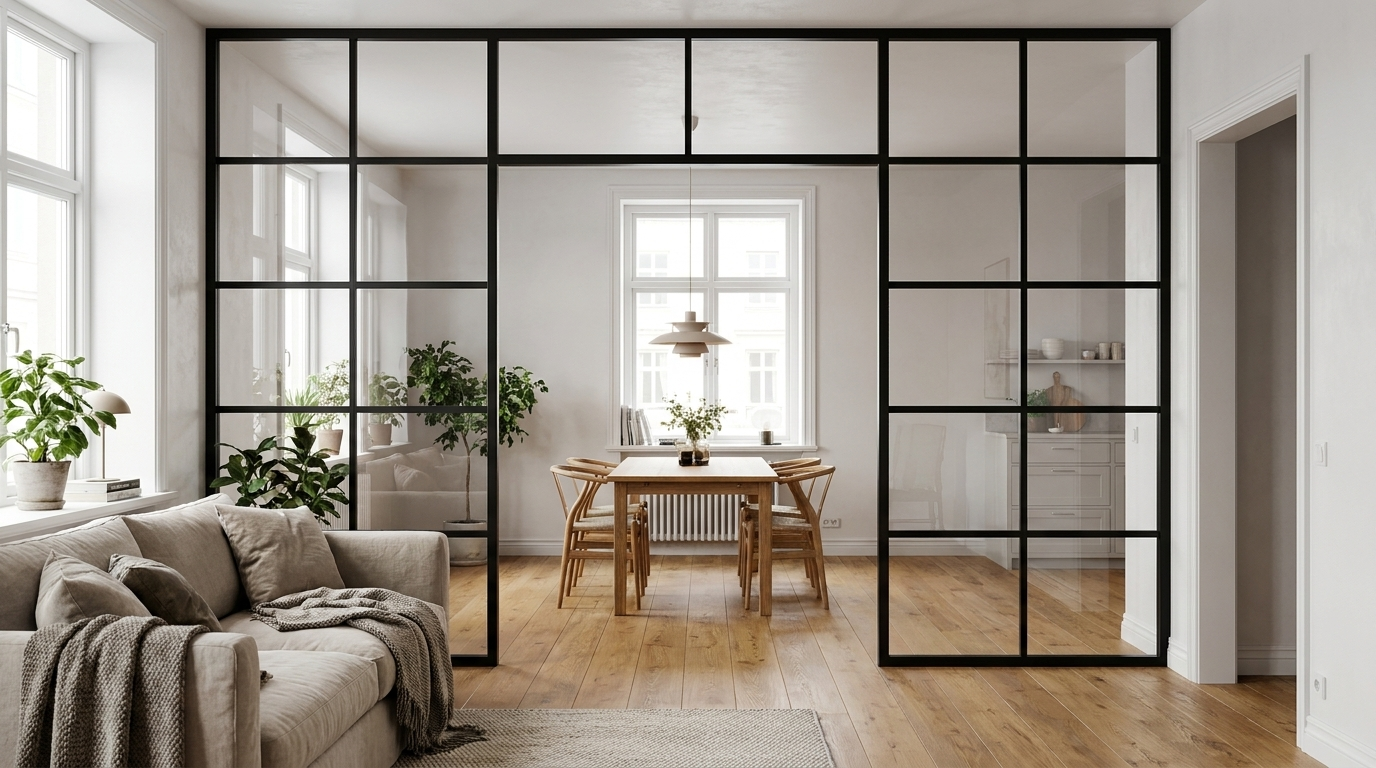 Cloison acier-verre noire à sprossen séparant salon et salle à manger dans intérieur clair