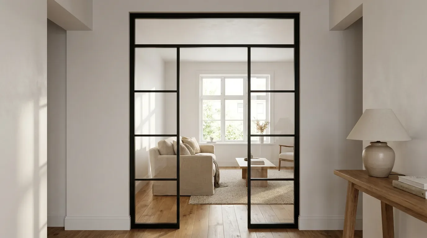 Double porte acier-verre cadre noir avec imposte entre couloir et salon