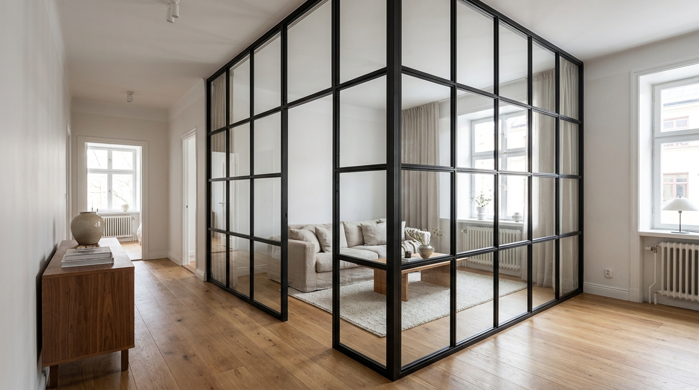 Parete fissa a tutta altezza in acciaio nero e vetro con parquet in rovere