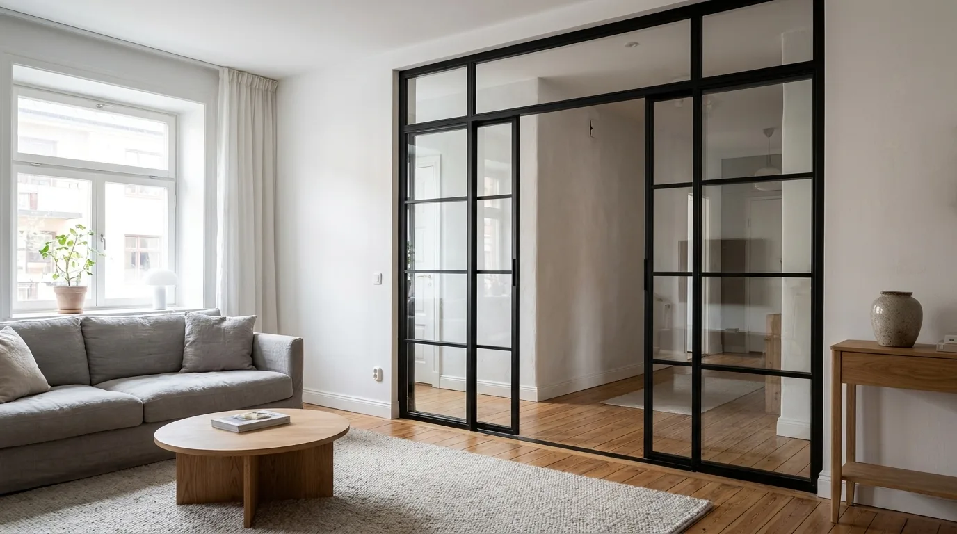Parete in acciaio nero e vetro con apertura centrale divide soggiorno luminoso