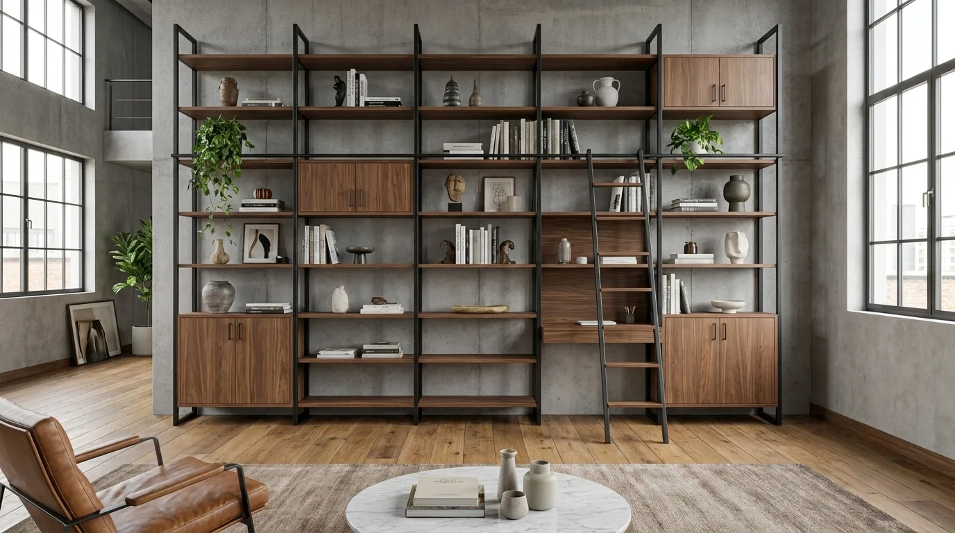 Großes offenes Wandregal mit schwarzem Stahlrahmen und Massivholzböden in Nussbaum-Optik, das die gesamte Wand eines Loft-Raums einnimmt.