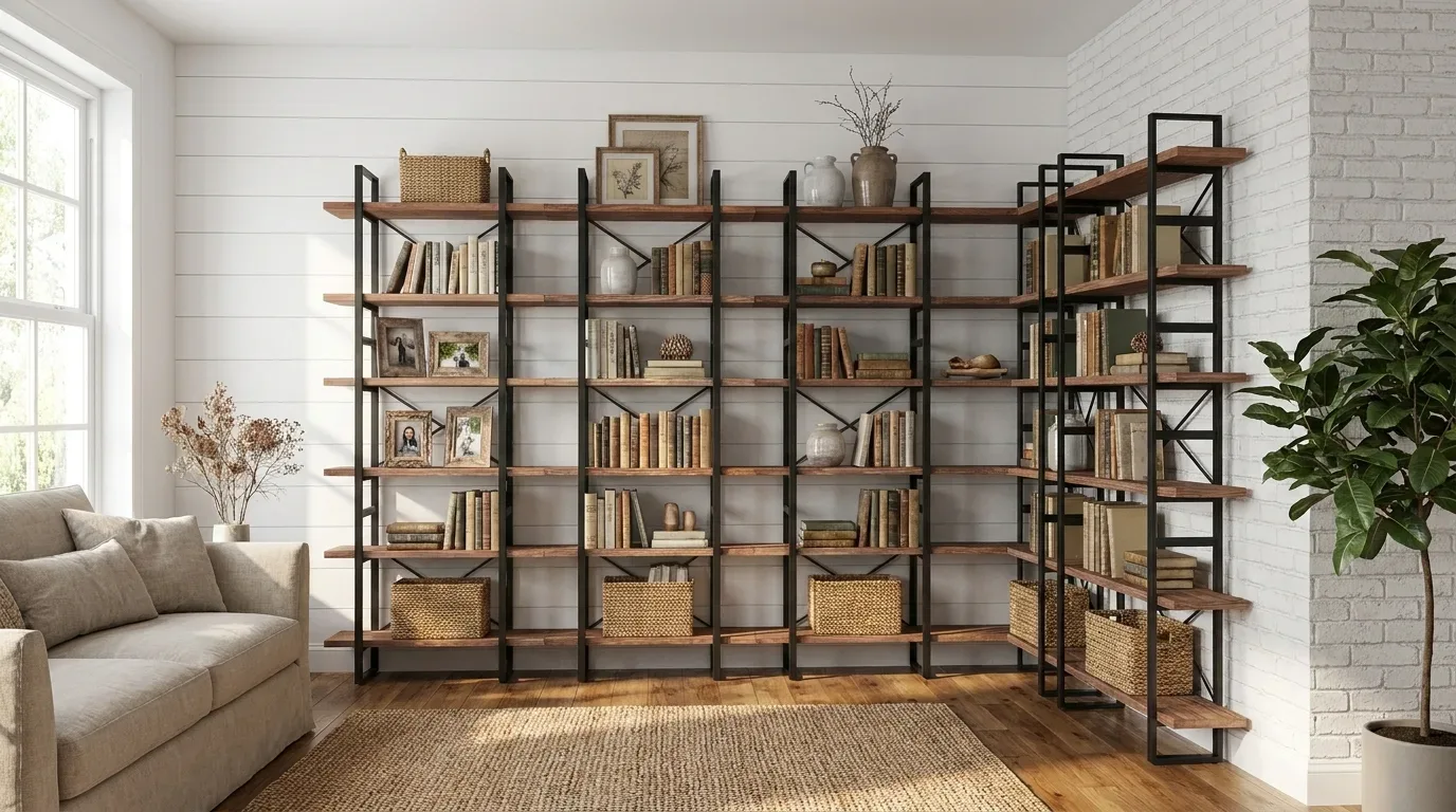 Estantería de acero y madera con tramo escalonado lateral, decorada con libros y objetos