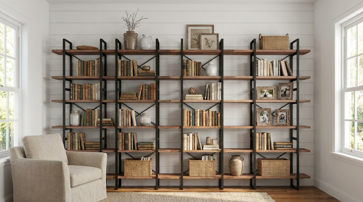 Estantería de pared de acero negro con cinco secciones, travesaños diagonales y madera cálida