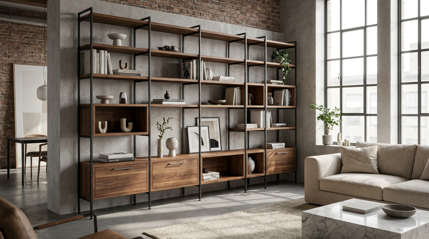 Estantería modular de acero negro y nogal con cajones inferiores y objetos decorativos