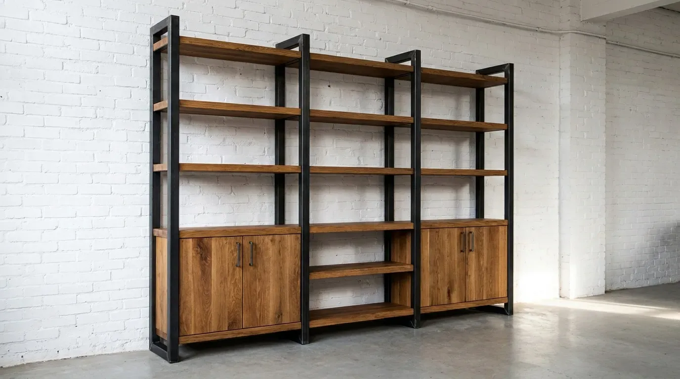 Estantería modular de acero y roble con puertas de armario en módulos laterales