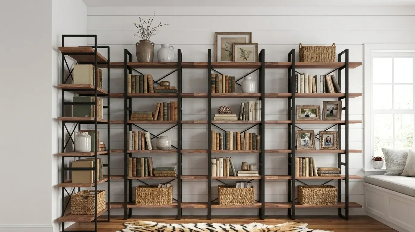 Gran librería de acero con travesaños en X y estantes de madera decorada con libros y cestas