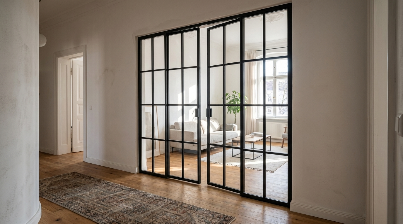 Double black steel-and-glass door with handle separating hallway and bright living room