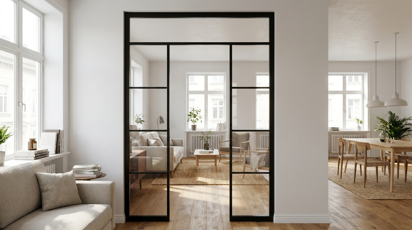 Closed double steel glass door with transom in bright period apartment interior