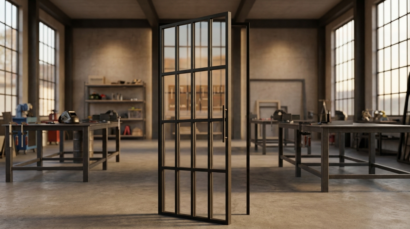 Single black steel glass loft door slightly open in industrial workshop space