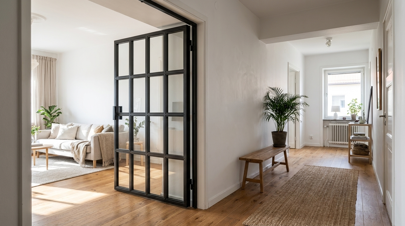 Black steel glass door with grid pattern slightly open into bright hallway