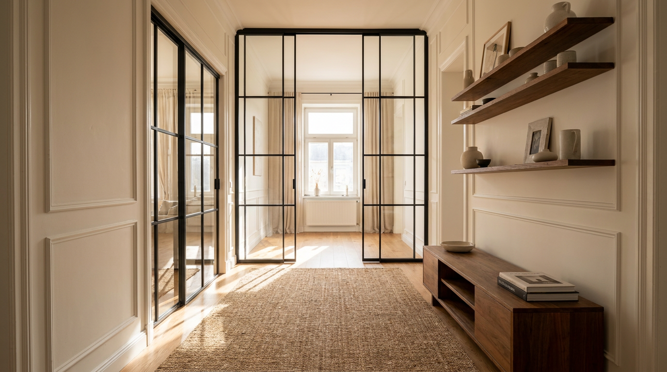 Tofløjet stål-glas-dør med sort ramme og sprosse åbner mod lyst altbau-rum med parket