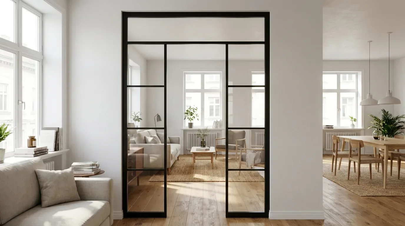 Gesloten dubbele stalen glasdeur met bovenlicht in heldere oud-bouw woning