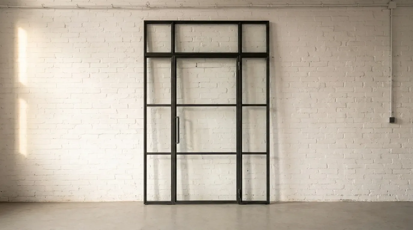 Svart stål-glas-konstruktion med tre vertikala fält framför vit tegelvägg