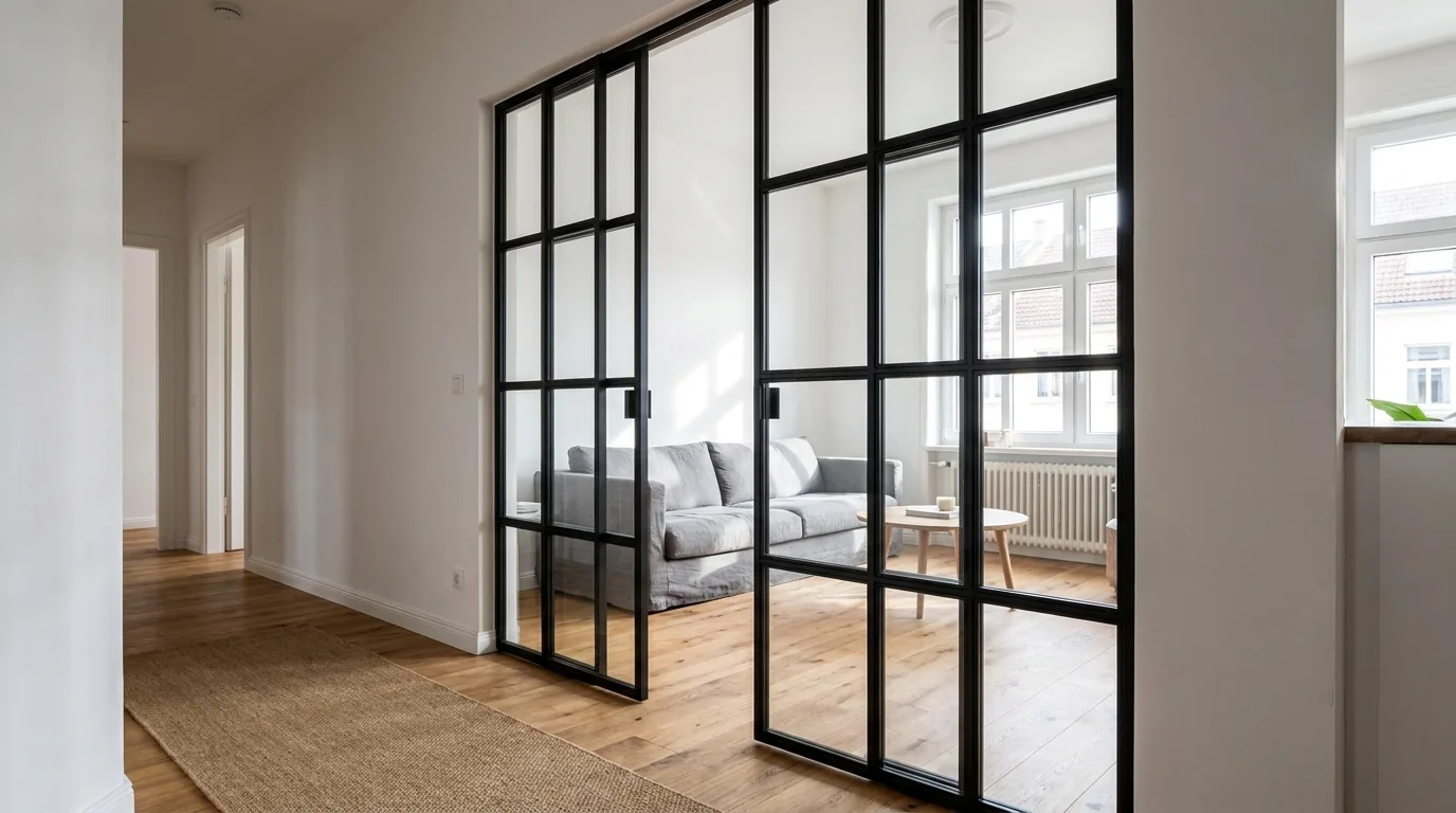 Eine zweiflügelige Stahl-Glas-Tür mit schwarzem Stahlrahmen und Sprossengliederung trennt einen Flur vom Wohnzimmer. Beide Türflügel sind geschlossen und zeigen deutlich sichtbare Griffe in der Mitte. Der Durchblick gibt den Blick auf ein helles Wohnzimmer mit grauem Sofa und Couchtisch frei. Der Boden ist mit hellem Eichenparkett ausgelegt.