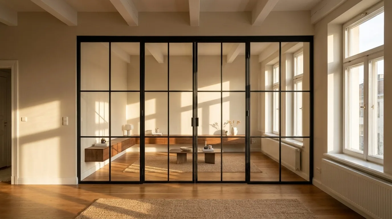 Eine raumhohe Stahl-Glas-Trennwand mit schwarzem Stahlrahmen unterteilt einen hellen Wohnraum mit Holzdielen.