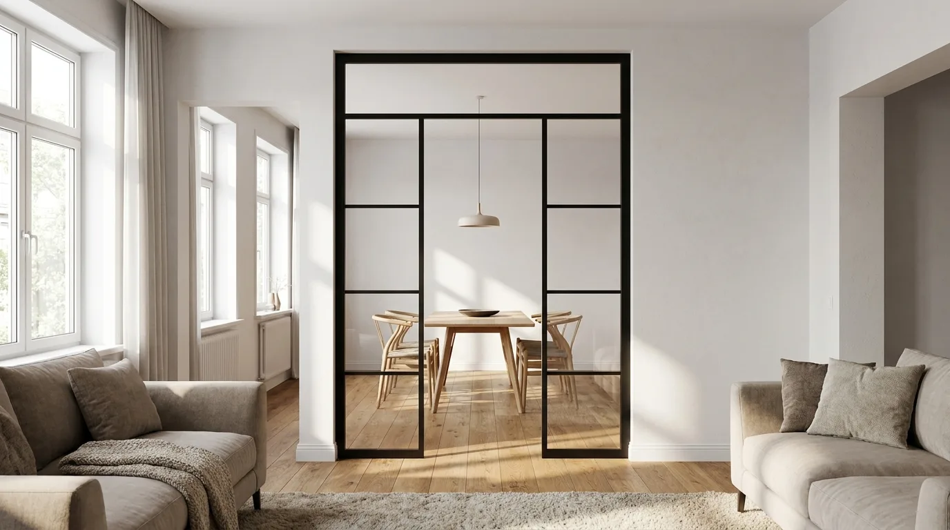 Eine zweiflügelige Stahl-Glas-Tür mit schwarzem Stahlrahmen und mehreren Glasfeldern trennt einen Wohnbereich von einem Esszimmer.