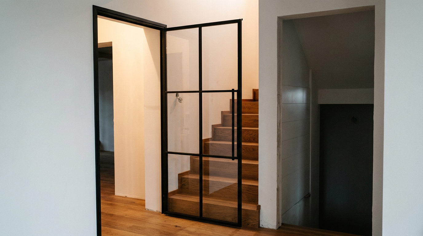 Eine einflügelige Stahl-Glas-Tür im Loft-Stil ist geöffnet und gibt den Blick auf eine Holztreppe frei.