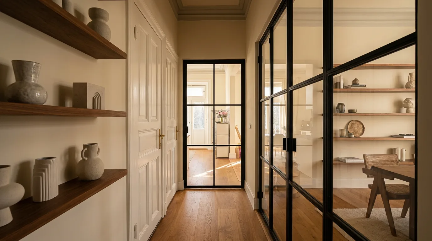 Ein heller Flur in einem Altbau zeigt rechts eine schwarze Stahl-Glas-Tür mit sichtbaren Scharnieren an der Kante, die geöffnet den Blick in ein Arbei