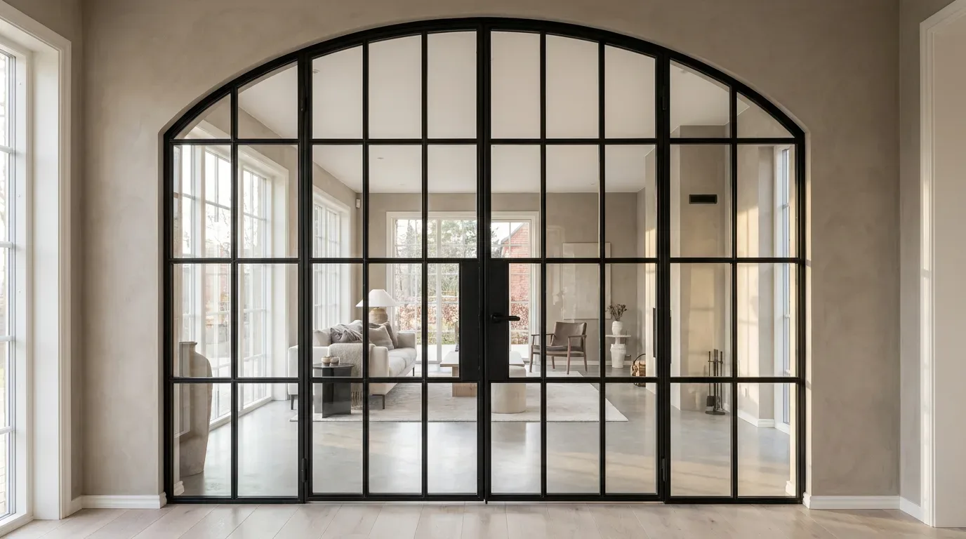 Grote stalen glazen constructie met ronde boog en twee openbare middenvleugels