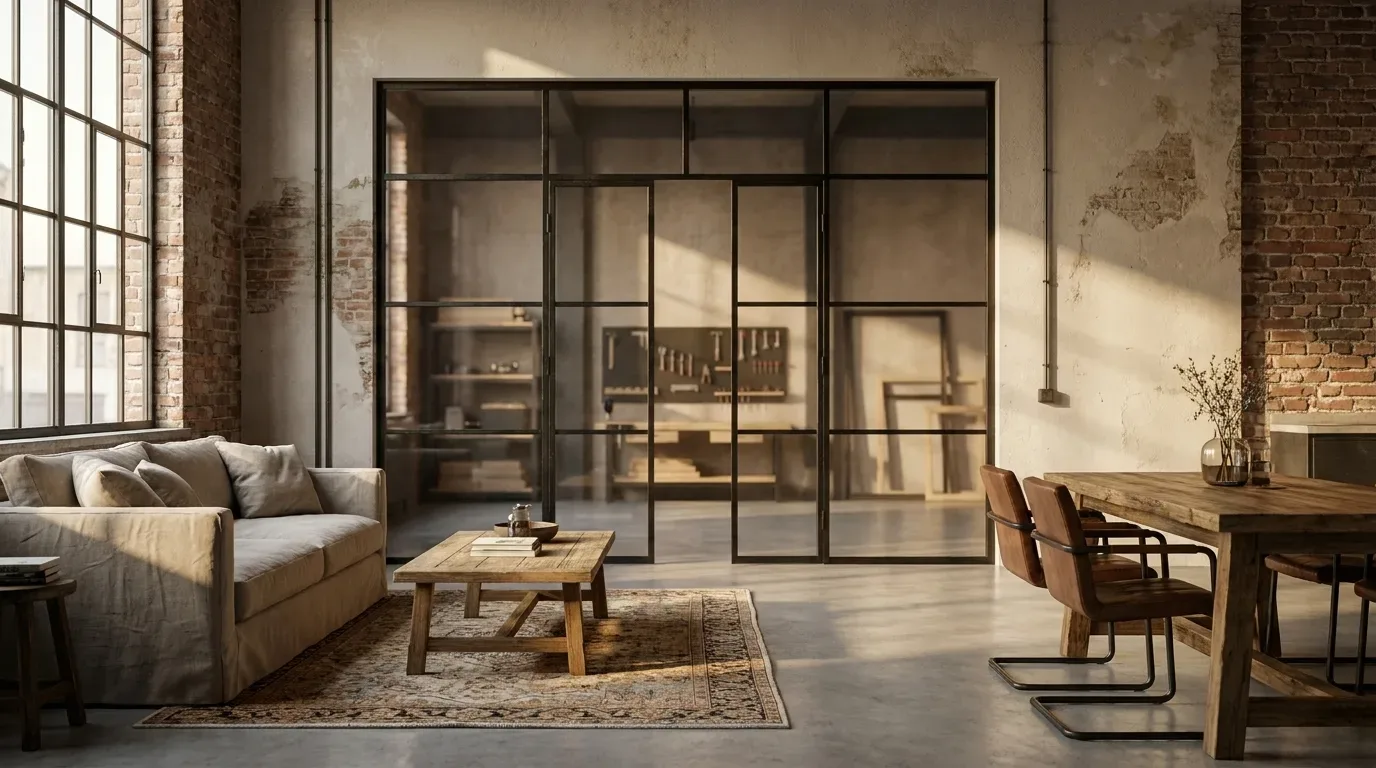 Eine fest installierte Stahl-Glas-Trennwand mit schwarzem Stahlrahmen und mehreren Glasfeldern trennt einen Wohnbereich von einem dahinterliegenden Arbeits- oder Werkstattraum. Die Konstruktion umfasst vier nebeneinanderliegende Felder ohne