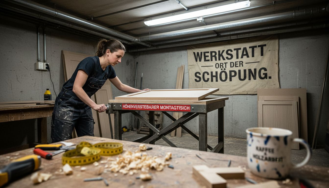 Ein Schreiner arbeitet an einem ergonomisch gestalteten Montagetisch.