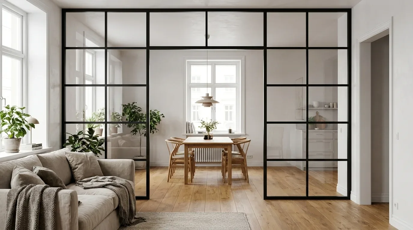 Keturių laukų plieno ir stiklo pertvara su skersiais skiria valgomąjį nuo svetainės