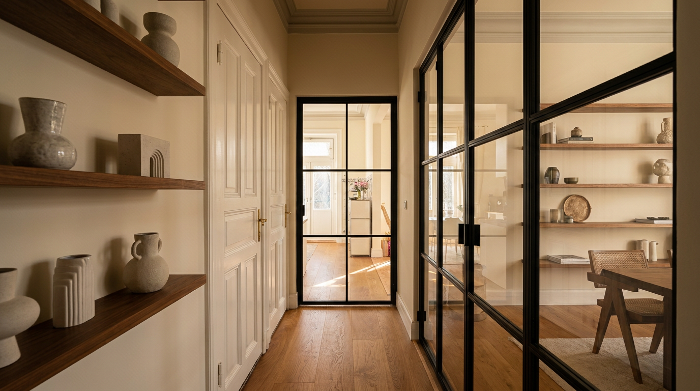 Couloir ancien avec deux portes acier-verre noires ouvertes vers bureau et cuisine