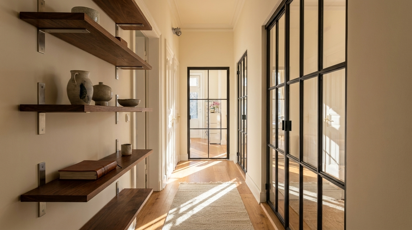Couloir en parquet chêne avec porte double acier-verre noire et étagères bois massif